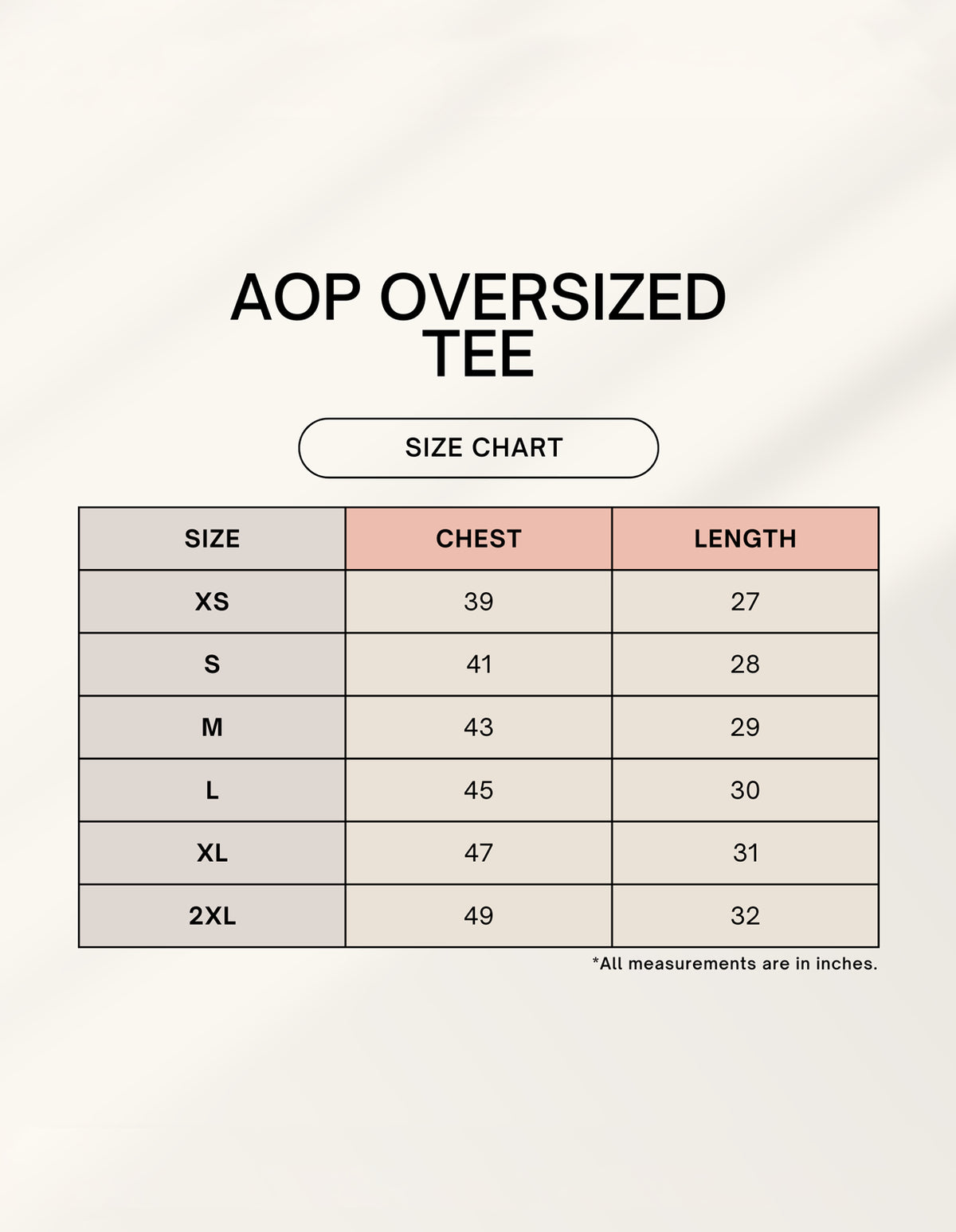 Size chart for AOP Oversized Tee with chest and length measurements.