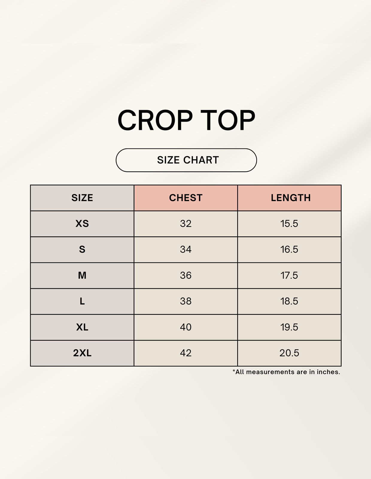 Size chart for crop tops with chest and length measurements on a light gray background.