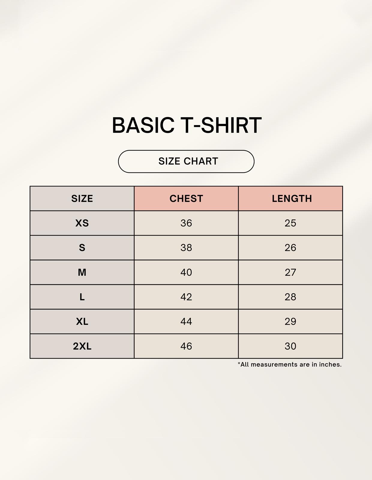 Size chart for basic t-shirts with chest and length measurements on a light gray background.