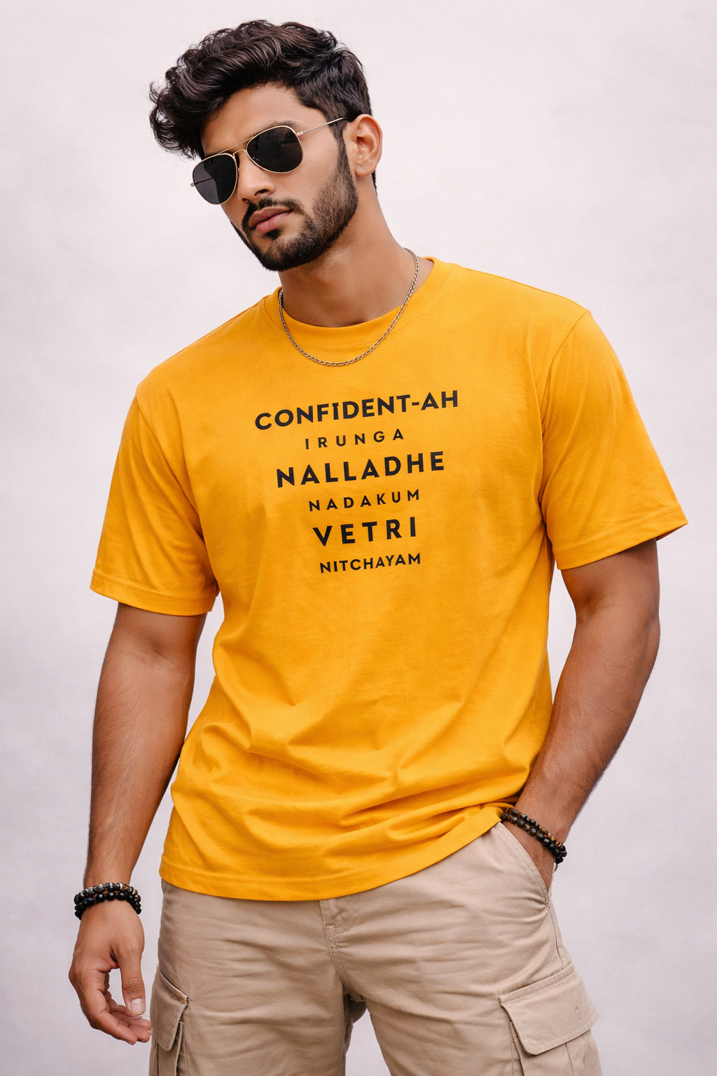 Confident-ah irunga Thalapathy Tamil motivational quote black t-shirt with bold red and yellow typography design expressing confidence and success mindset