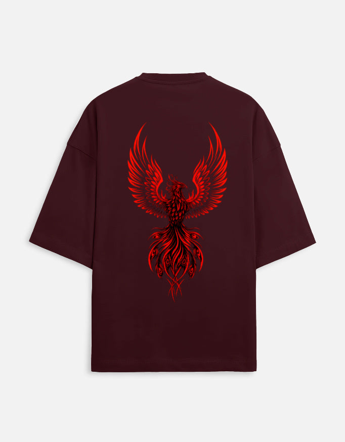 Red phoenix fire graphic with text “Fall Rise Dominate” symbolizing rebirth and power