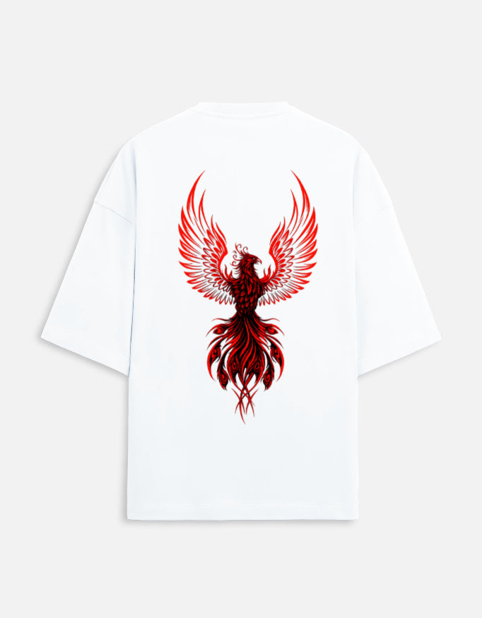 Red phoenix fire graphic with text “Fall Rise Dominate” symbolizing rebirth and power