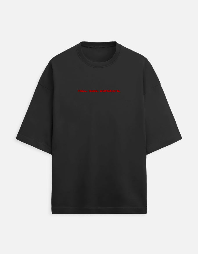 Red phoenix fire graphic with text “Fall Rise Dominate” symbolizing rebirth and power