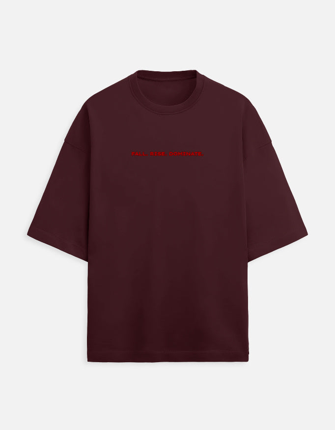 Red phoenix fire graphic with text “Fall Rise Dominate” symbolizing rebirth and power