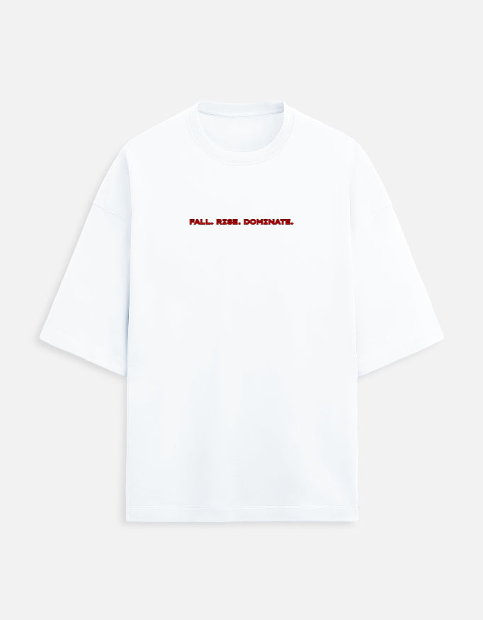 Red phoenix fire graphic with text “Fall Rise Dominate” symbolizing rebirth and power