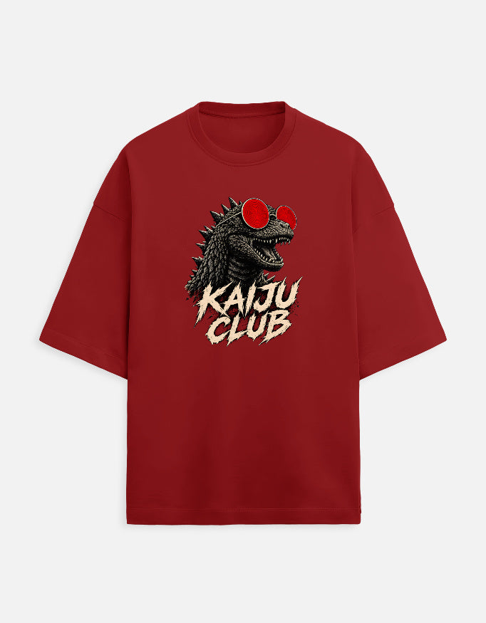 Red oversized Kaiju Club t-shirt with bold kaiju graphic and distressed lettering