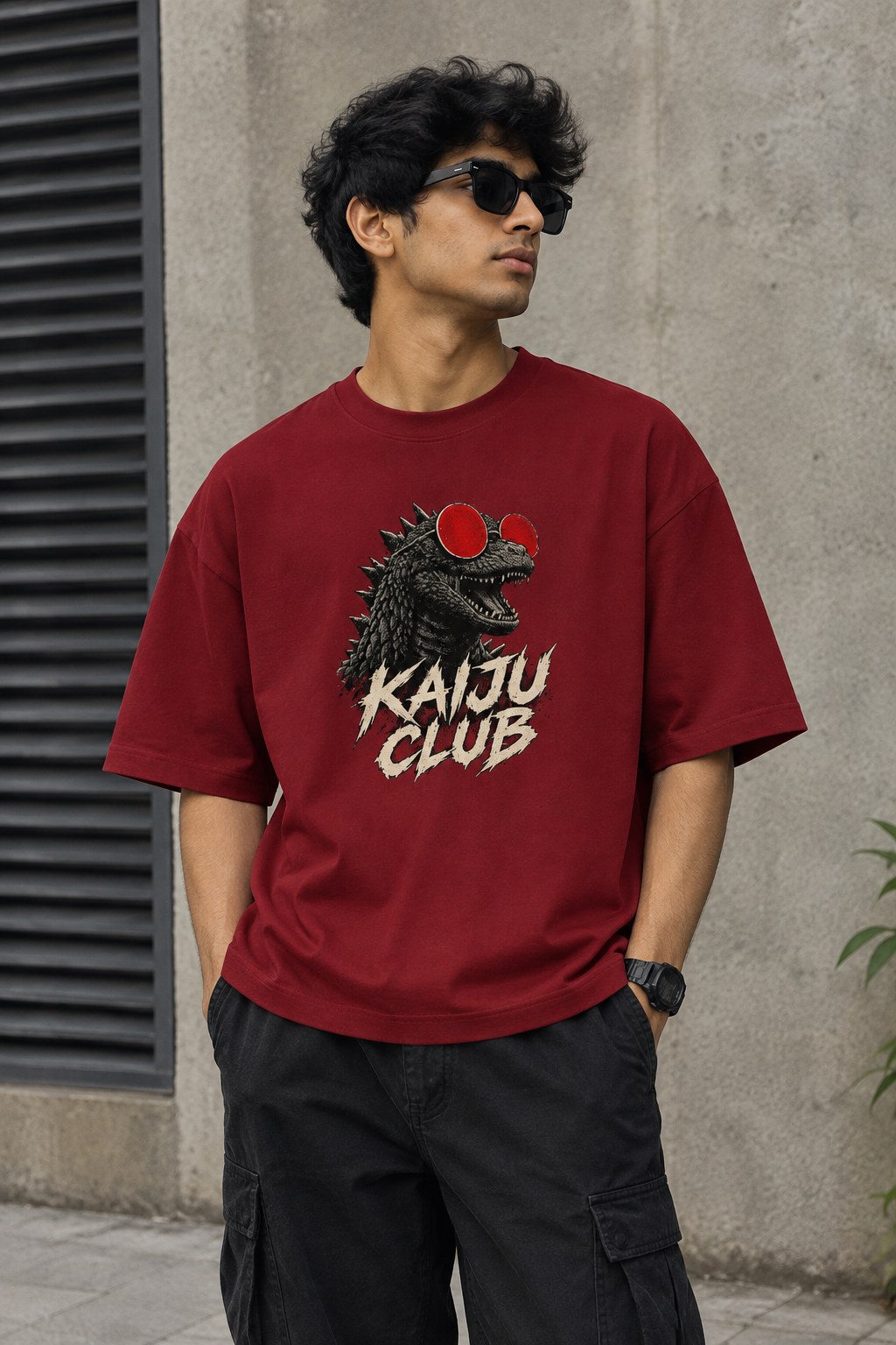 Man standing wearing a red oversized Kaiju Club t-shirt with bold kaiju graphic and distressed lettering