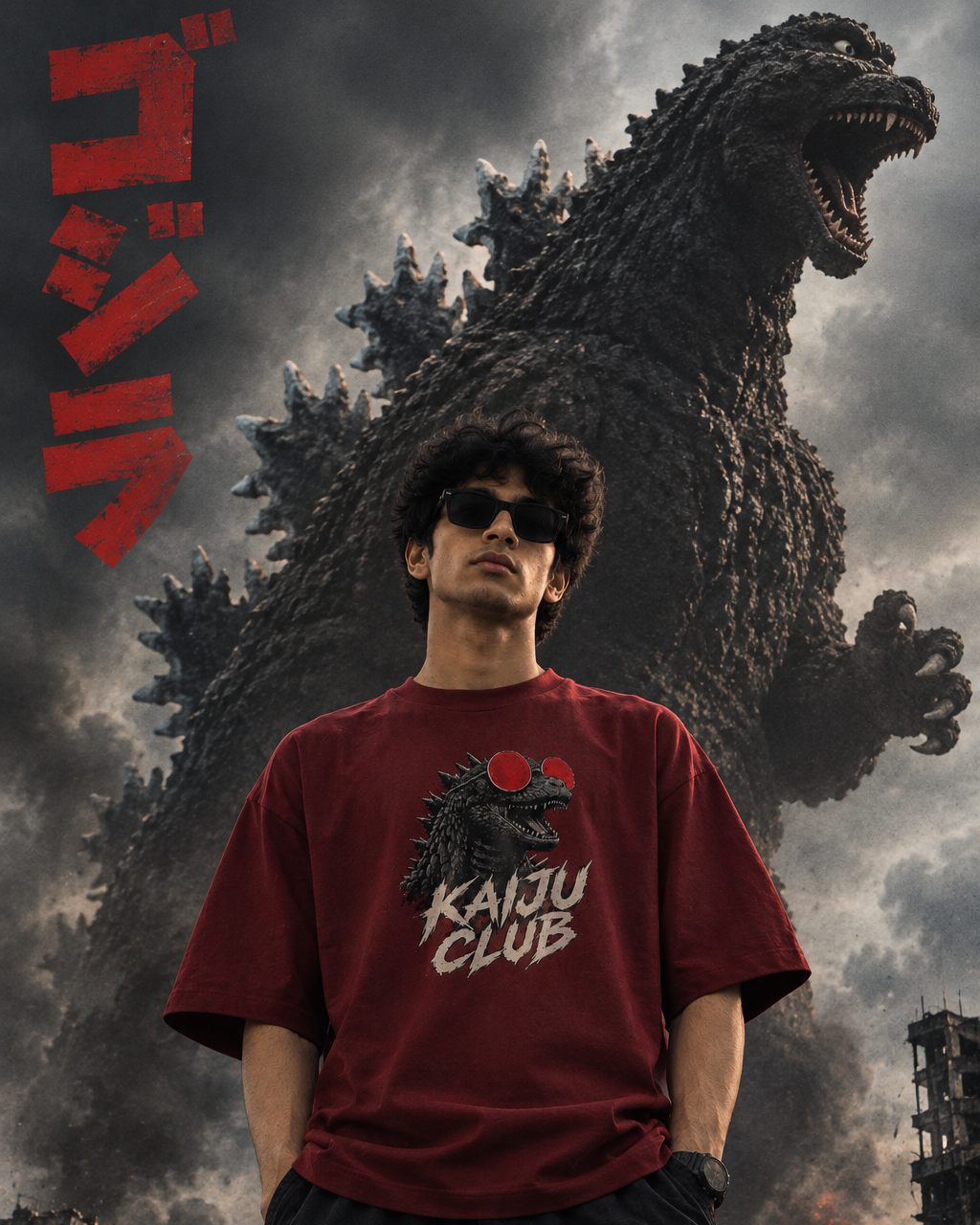 Man wearing red oversized Kaiju Club t-shirt with bold kaiju graphic and distressed lettering and stands in front of a giant monster.