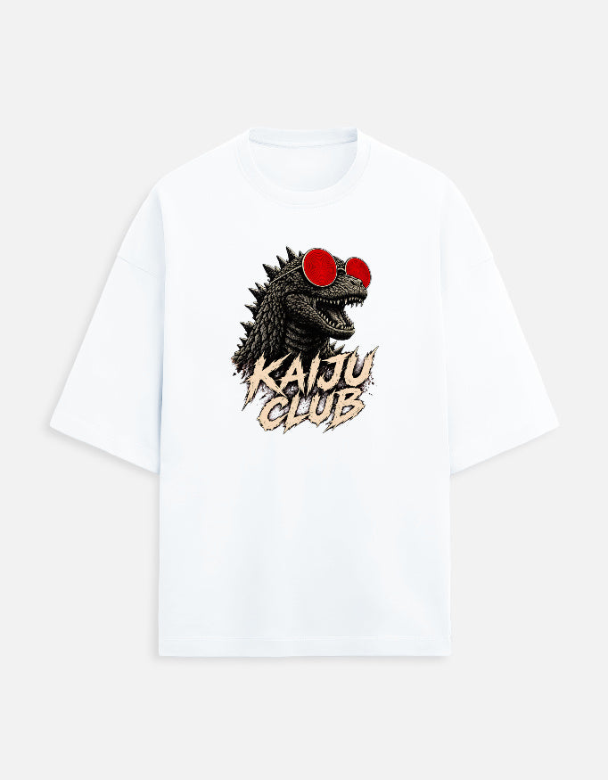 White oversized Kaiju Club t-shirt with bold kaiju graphic and distressed lettering