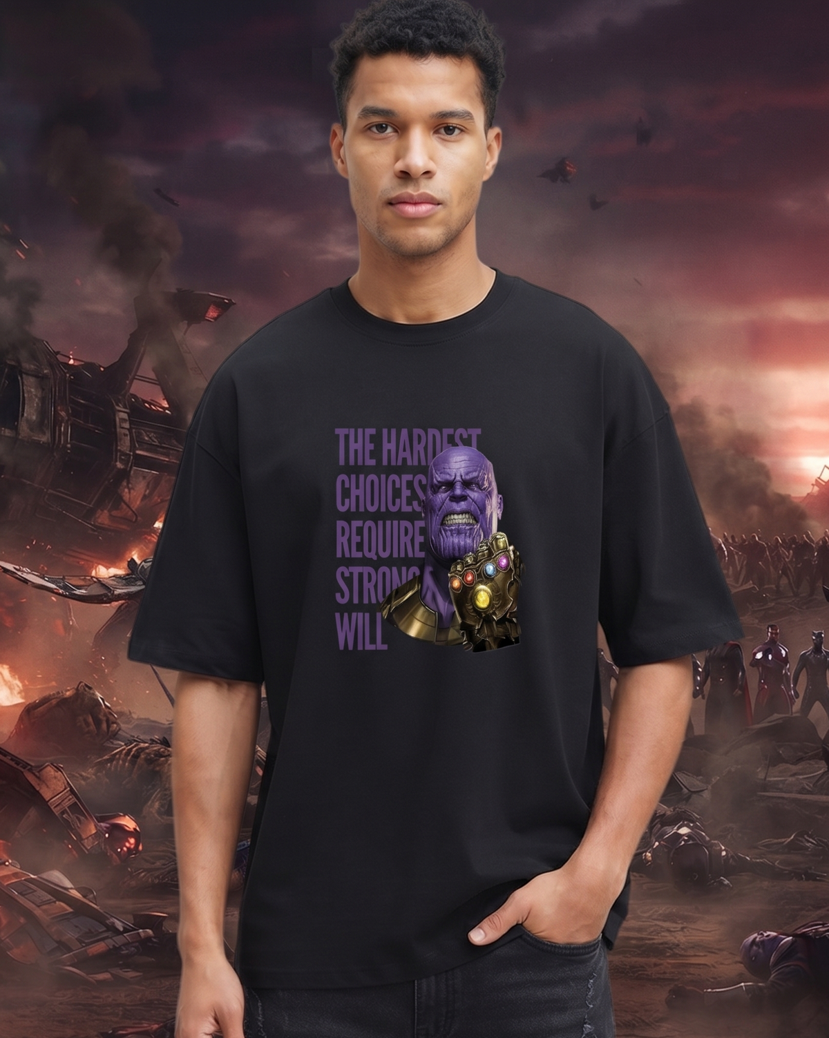 Model wearing Black oversized t-shirt  in battle field featuring purple and gold character artwork with The Hardest Choices typography
