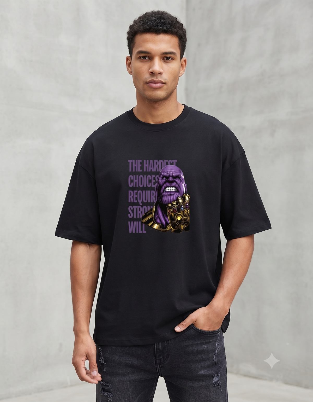 Model wearing Black oversized t-shirt featuring purple and gold character artwork with The Hardest Choices typography