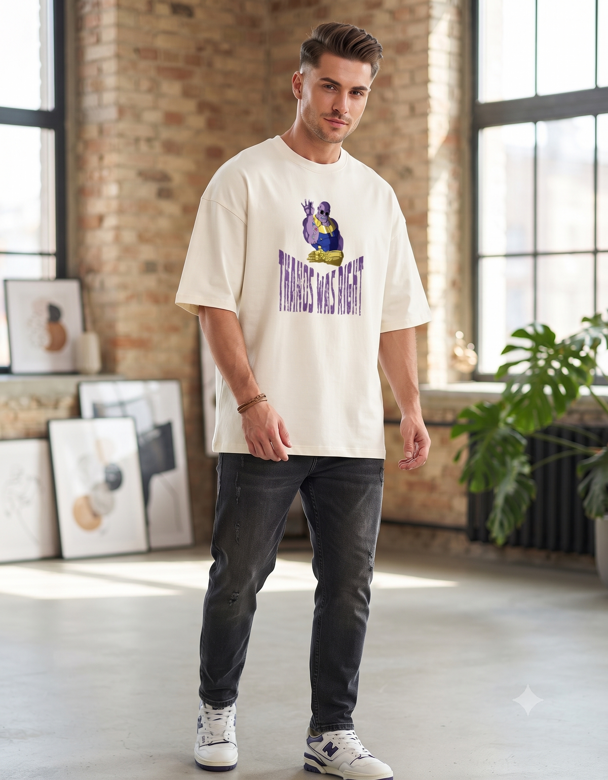 Model wearing off white oversized t-shirt with purple and gold villain-inspired graphic and The Villain Was Right typography