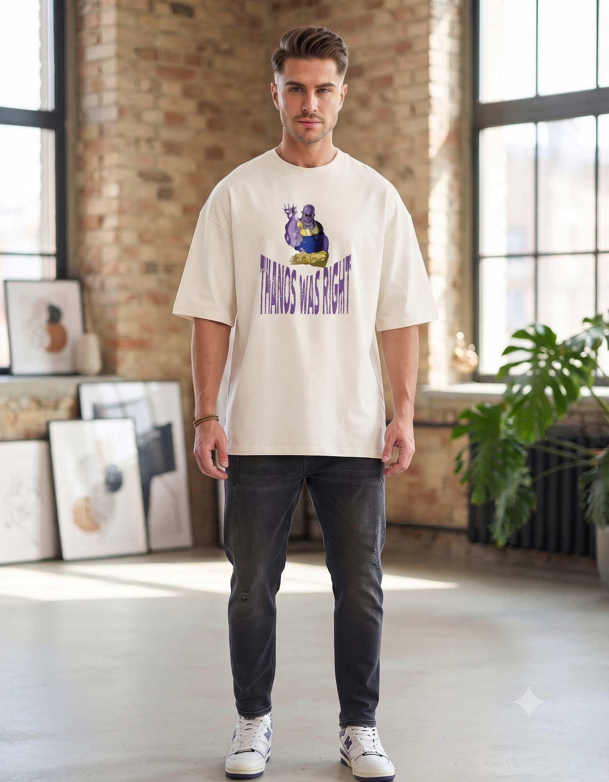 Model wearing off white oversized t-shirt with purple and gold villain-inspired graphic and The Villain Was Right typography