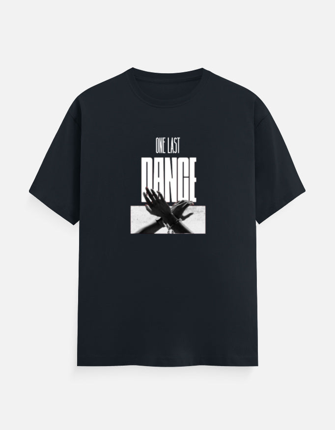 A blue premium cotton graphic t-shirt featuring the "One Last Dance" typography with a monochrome artistic hand illustration on the front. Ideal for casual and streetwear fashion.
