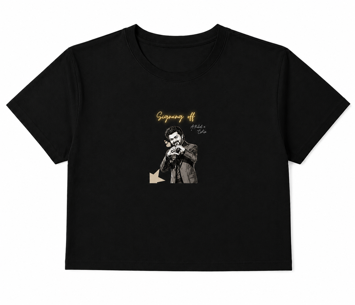 Women's black crop top featuring the Signing Off graphic print with a monochrome illustration and glowing handwritten text on the front. Premium cotton casual streetwear.