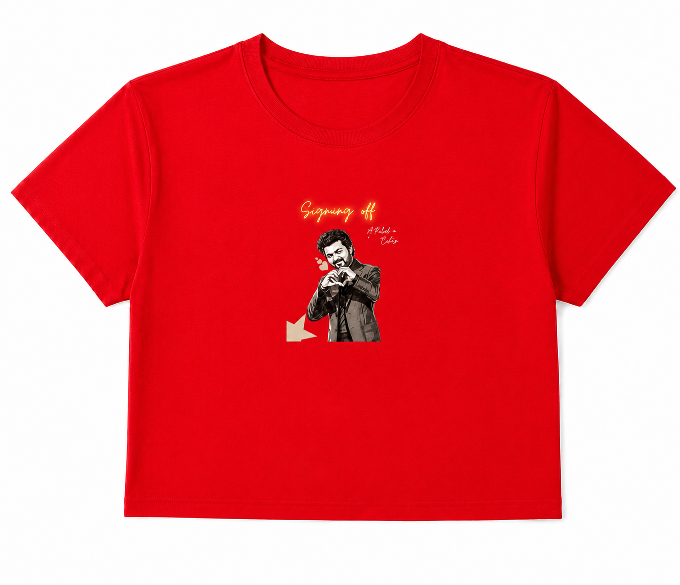 Women's red crop top featuring the Signing Off graphic print with a monochrome illustration and glowing handwritten text on the front. Premium cotton casual streetwear.
