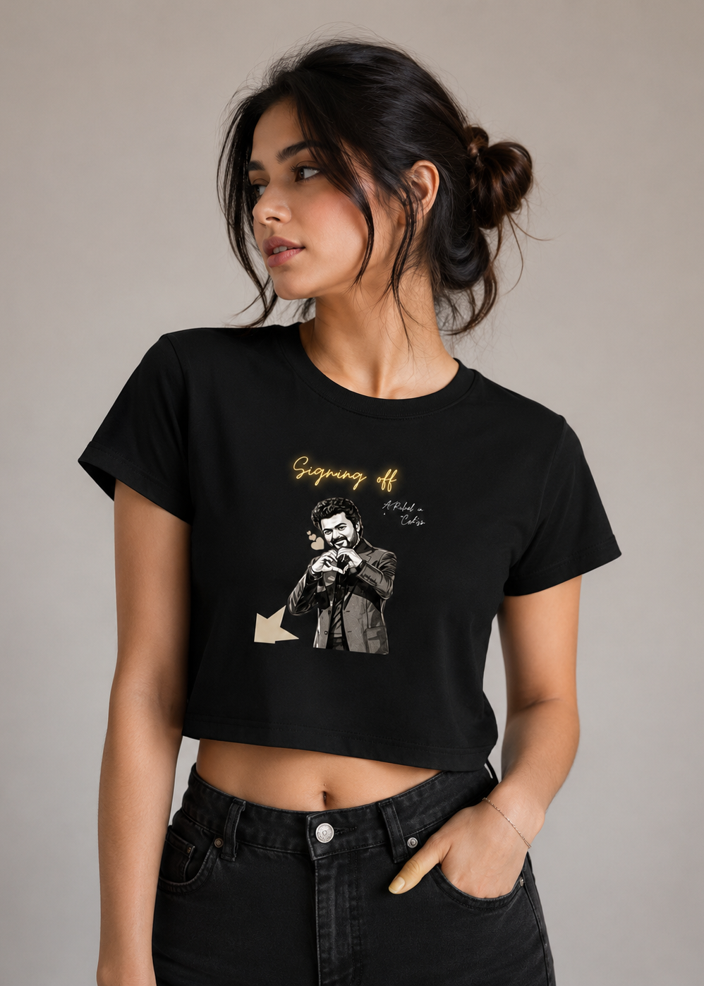 Women's black crop top featuring the Signing Off graphic print with a monochrome illustration and glowing handwritten text on the front. Premium cotton casual streetwear.