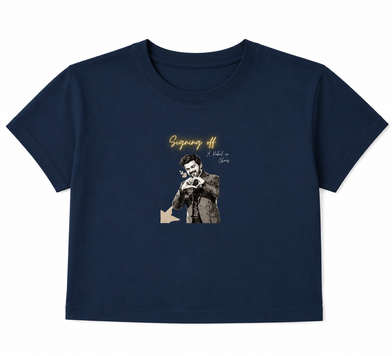 Women's blue crop top featuring the Signing Off graphic print with a monochrome illustration and glowing handwritten text on the front. Premium cotton casual streetwear.
