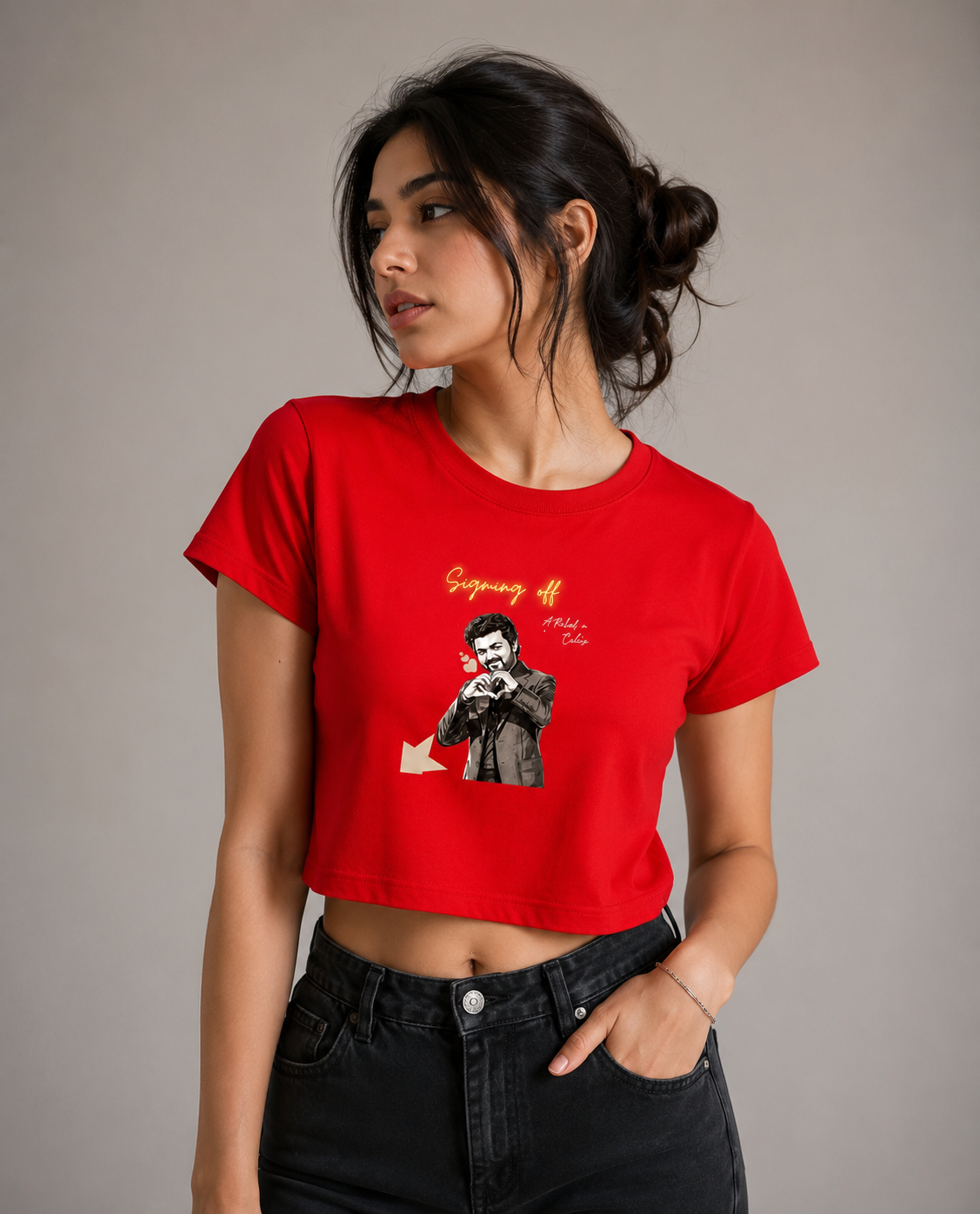 Women's red crop top featuring the Signing Off graphic print with a monochrome illustration and glowing handwritten text on the front. Premium cotton casual streetwear.