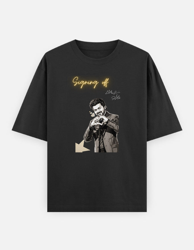 A black oversized graphic t-shirt featuring the "Signing Off" design with glowing handwritten typography and monochrome artwork. Premium unisex streetwear t-shirt by LowKey.