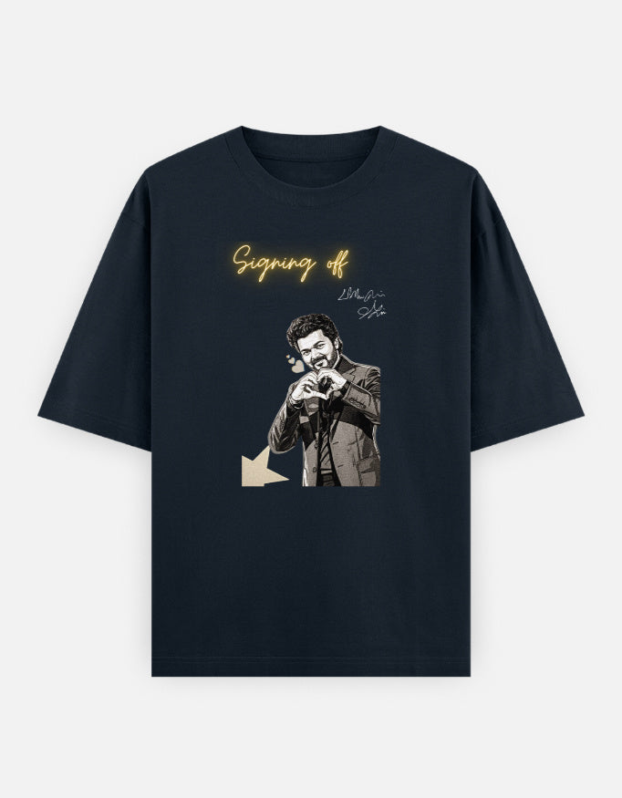 A blue oversized graphic t-shirt featuring the "Signing Off" design with glowing handwritten typography and monochrome artwork. Premium unisex streetwear t-shirt by LowKey.