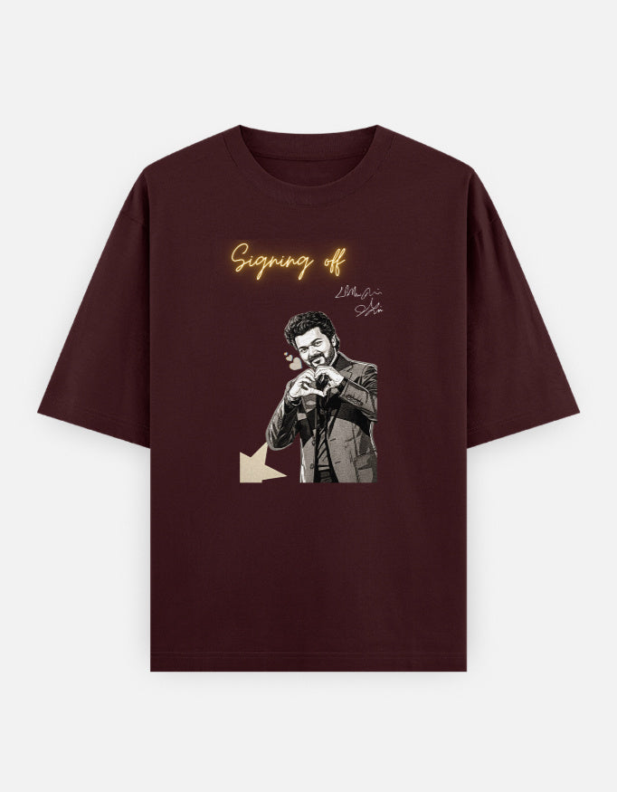 A maroon oversized graphic t-shirt featuring the "Signing Off" design with glowing handwritten typography and monochrome artwork. Premium unisex streetwear t-shirt by LowKey.