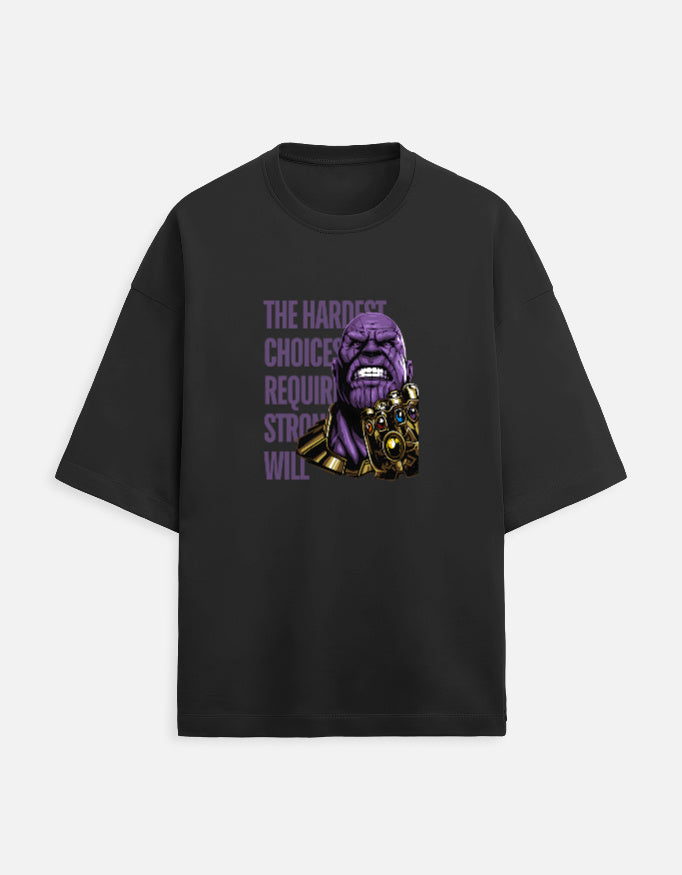 Black oversized t-shirt featuring purple and gold character artwork with The Hardest Choices typography