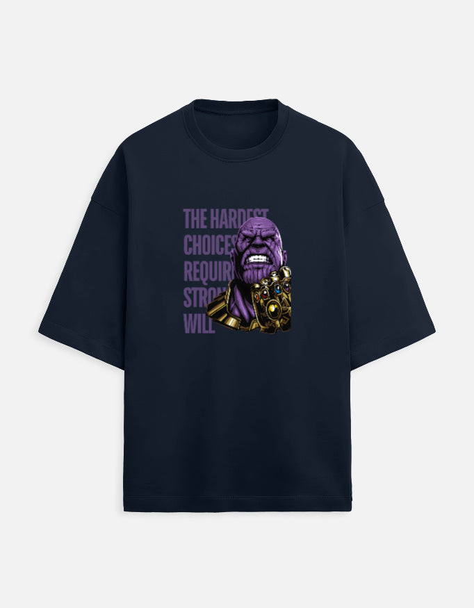 Navy oversized t-shirt featuring purple and gold character artwork with The Hardest Choices typography