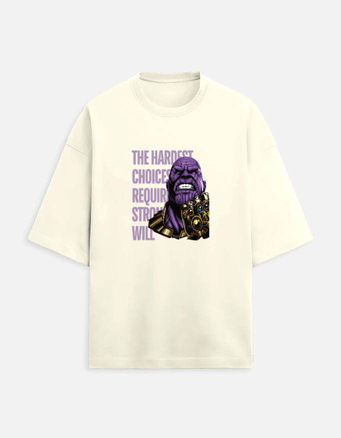 Off white oversized t-shirt featuring purple and gold character artwork with The Hardest Choices typography