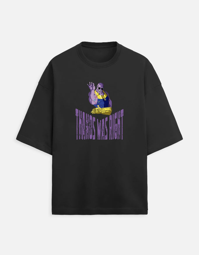 Black oversized t-shirt with purple and gold villain-inspired graphic and The Villain Was Right typography