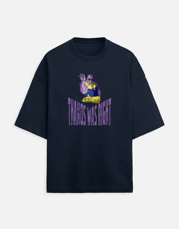 Navy oversized t-shirt with purple and gold villain-inspired graphic and The Villain Was Right typography