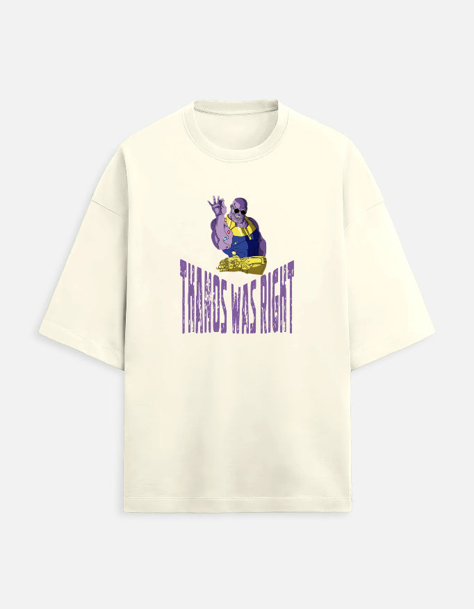 Off white oversized t-shirt with purple and gold villain-inspired graphic and The Villain Was Right typography
