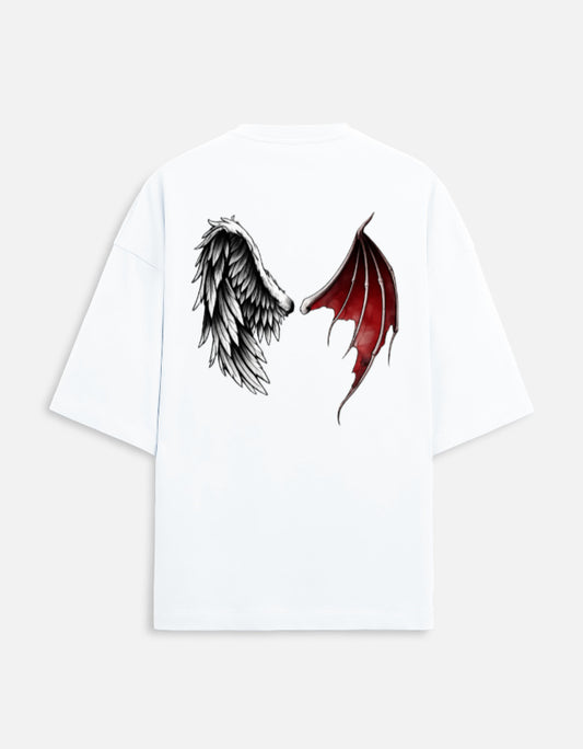 Angel and demon wings design with text “HEAV-ELL” symbolizing duality and transformation