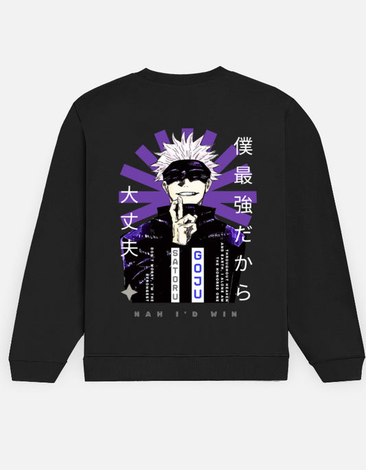 Black sweatshirt with anime character and text on a white background