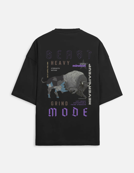 Men’s oversized black Beast Mode gym t-shirt with bull graphic and unstoppable mindset print front and back view.