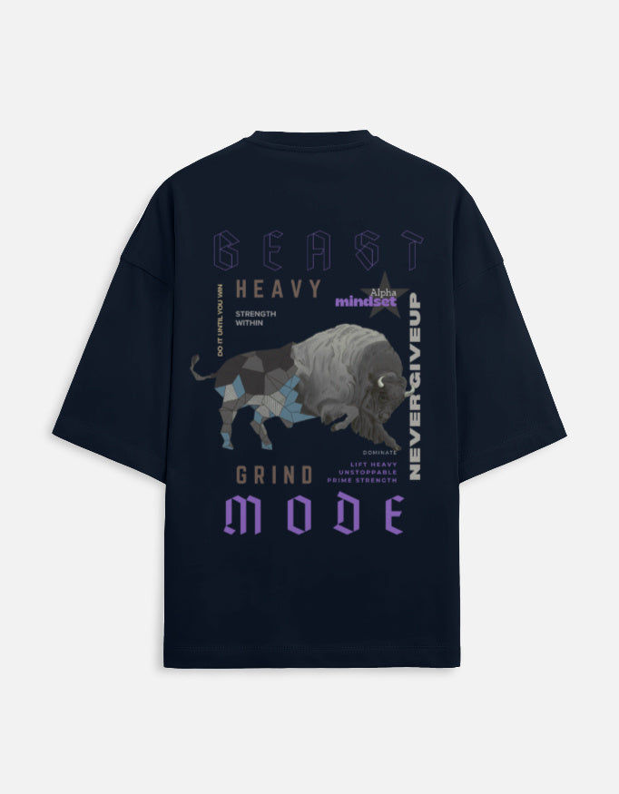 Men’s oversized blue Beast Mode gym t-shirt with bull graphic and unstoppable mindset print front and back view.