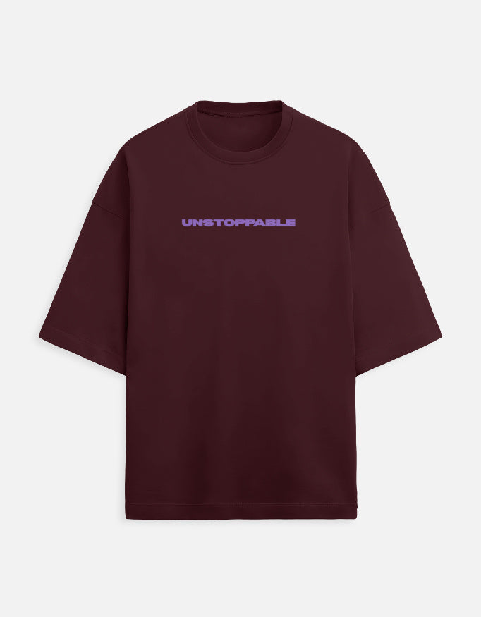 Men’s oversized maroon Beast Mode gym t-shirt with bull graphic and unstoppable mindset print front and back view.