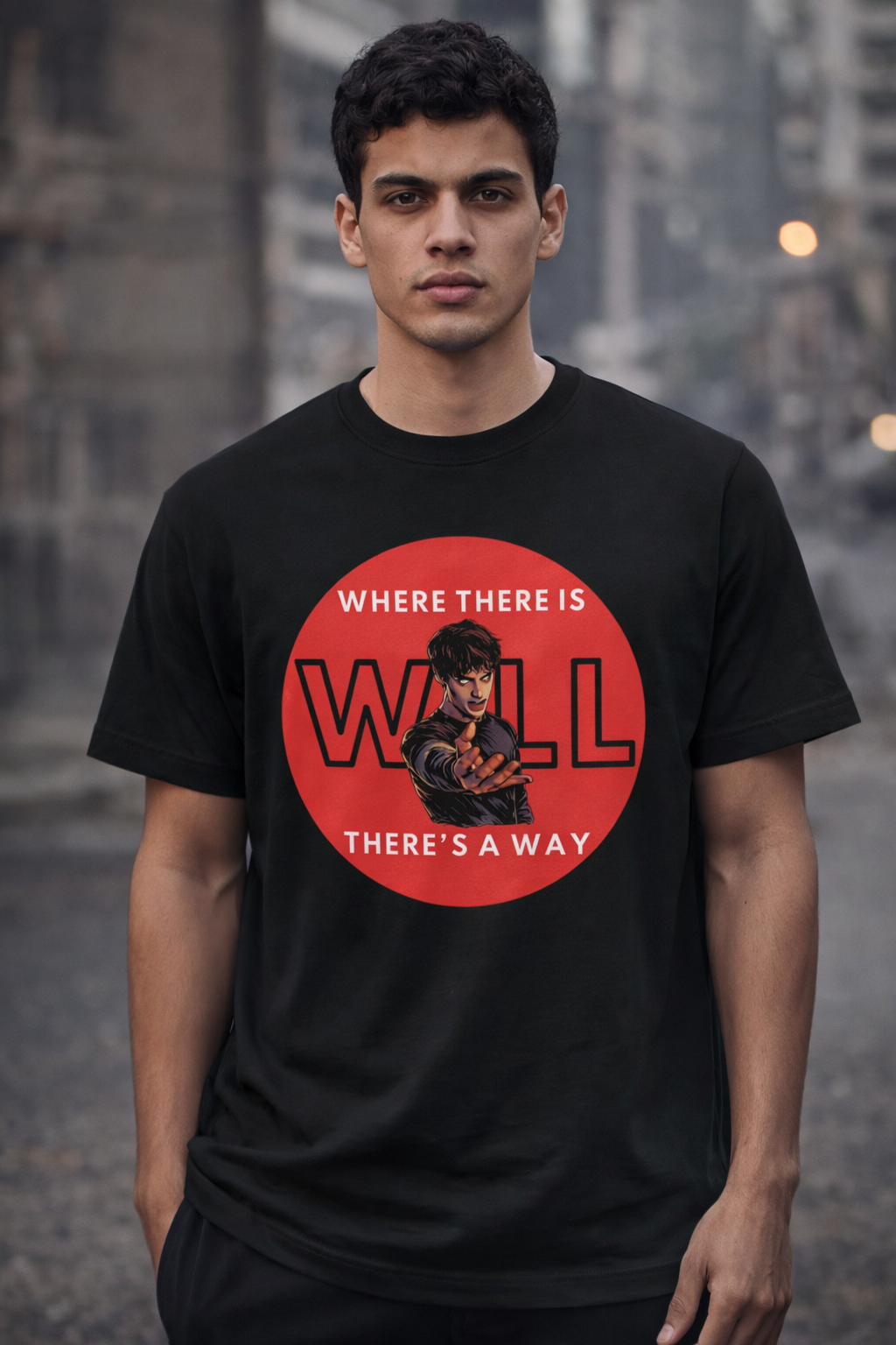 Model wearing black Stranger Things inspired graphic t-shirt with bold red will design