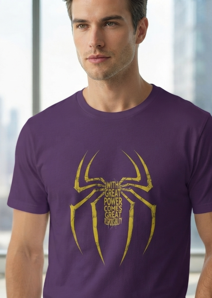 A man wearing a purple crewneck t-shirt with a distressed yellow spider graphic and the text 'SMITH GREAT POWER COMES GREAT CHALLENGE' printed on the chest, set against a blurred city background.