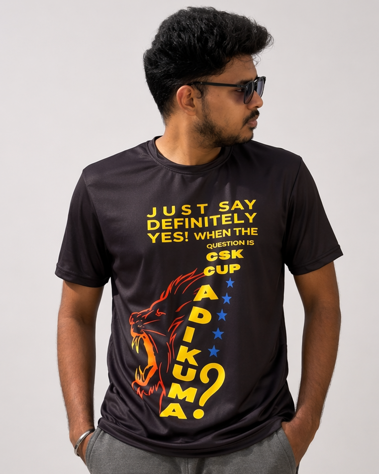 CSK fan t-shirt with lion graphic and text “Definitely Yes” for Chennai cricket supporters