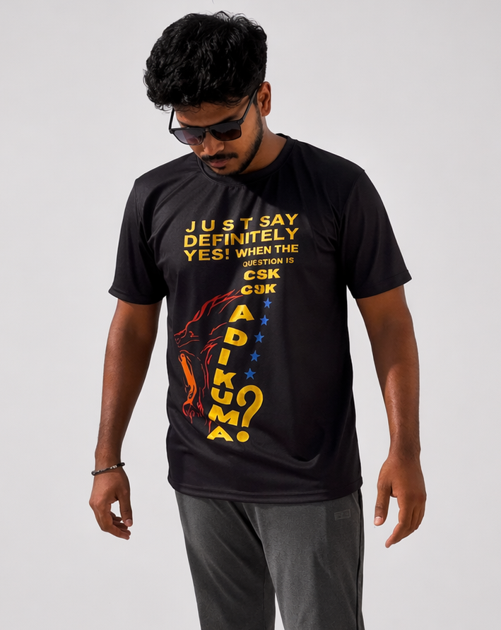 CSK fan t-shirt with lion graphic and text “Definitely Yes” for Chennai cricket supporters