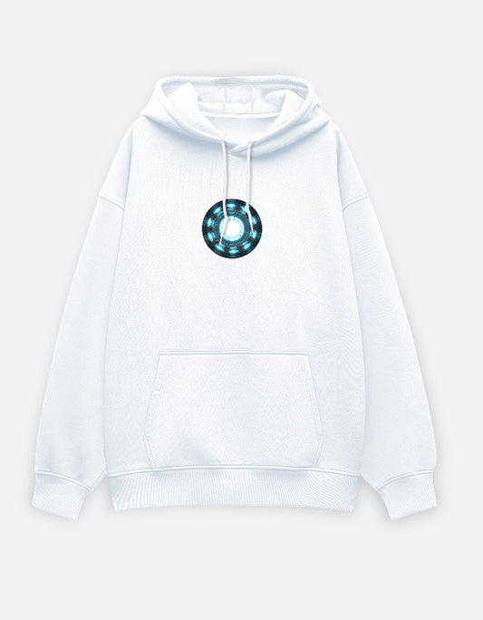 White oversized hoodie with glowing energy core graphic on chest