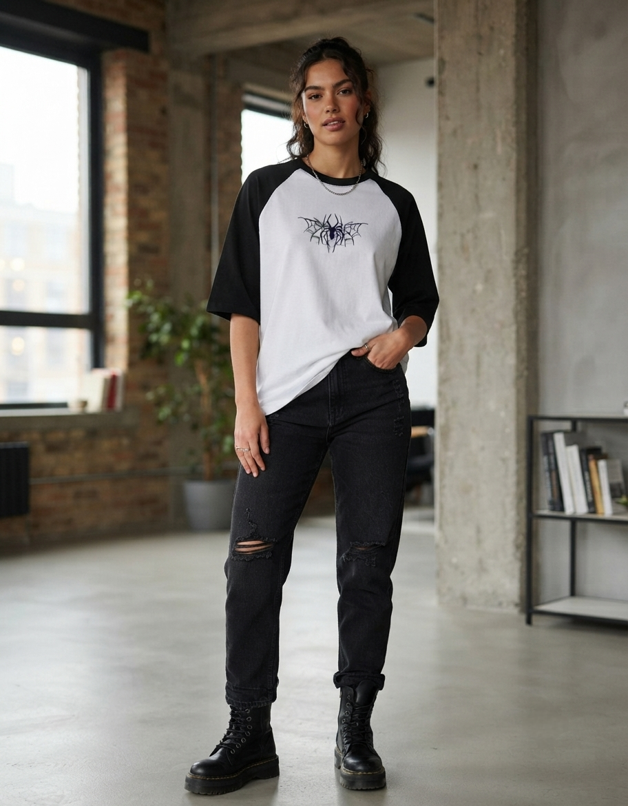 Model wearing black and white oversized raglan t-shirt with spider web graphic print on chest, front view
