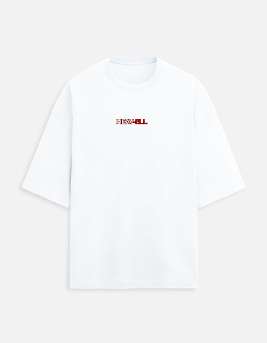 Angel and demon wings design with text “HEAV-ELL” symbolizing duality and transformation