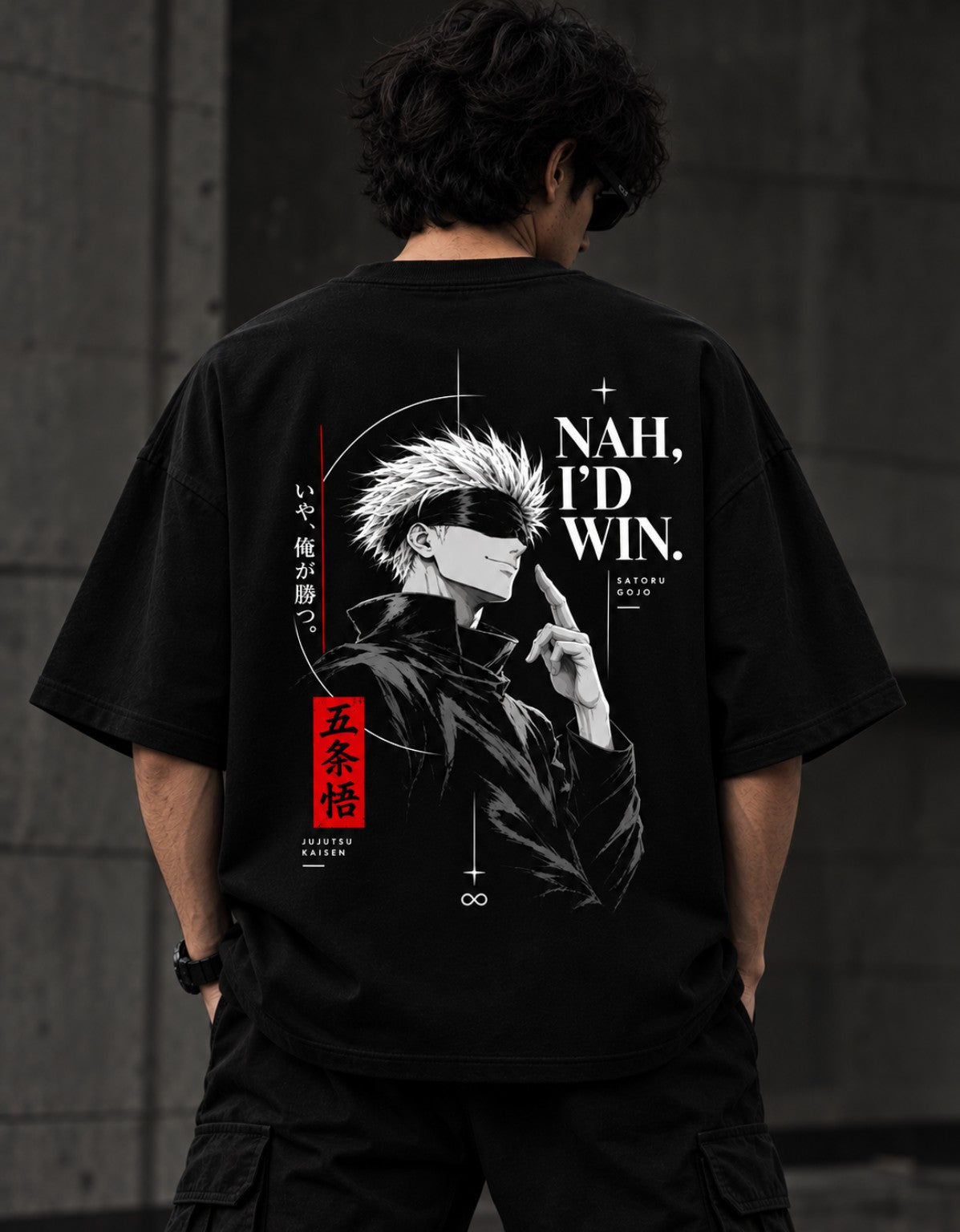 Model wearing Gojo Nah I'd Win oversized T-shirt back view