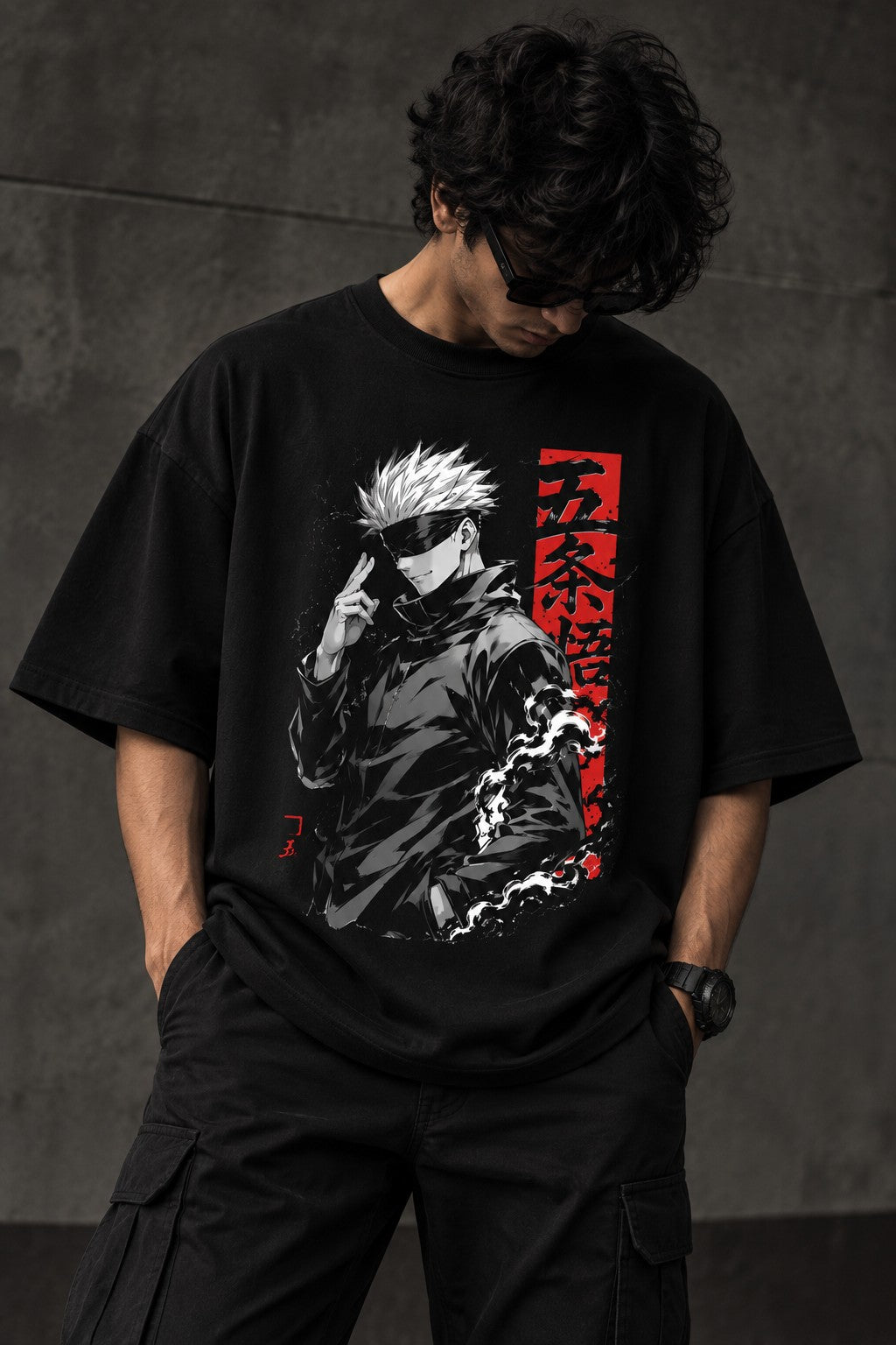 Model wearing black Gojo oversized anime T-shirt front view