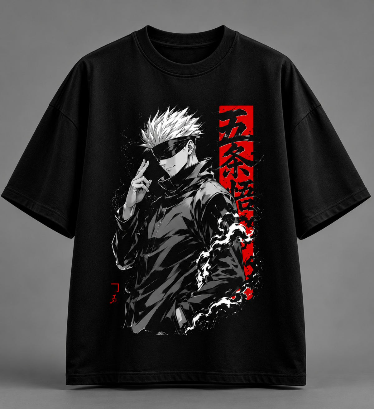 Gojo oversized black anime T-shirt front design by Lowkey Fashion