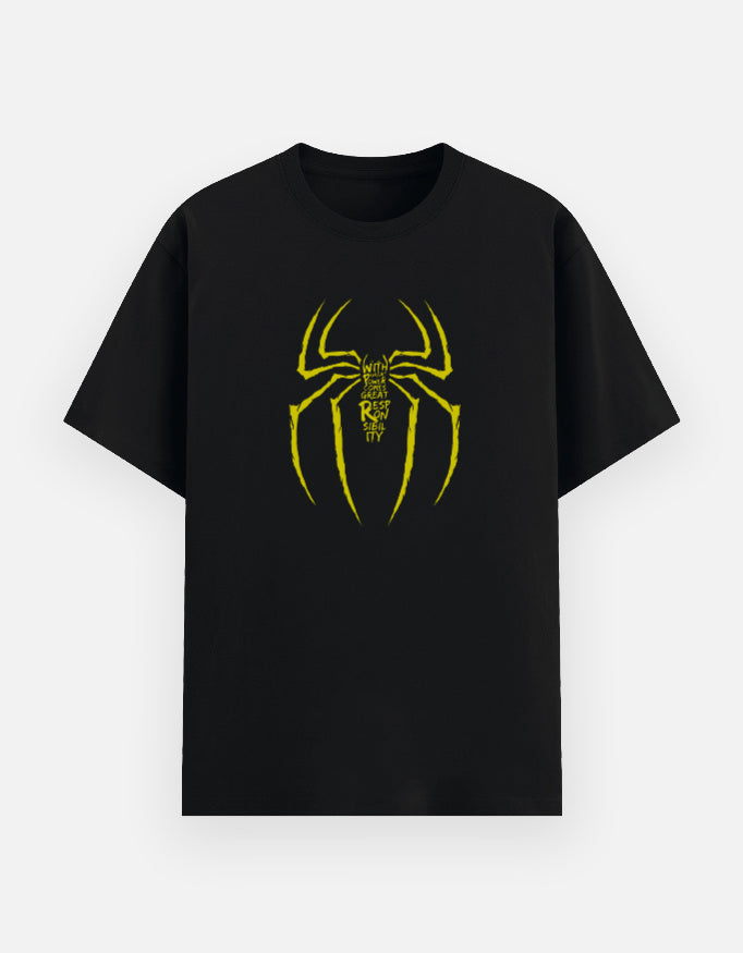 Black oversized t-shirt with yellow spider silhouette graphic and typography print on chest, front view