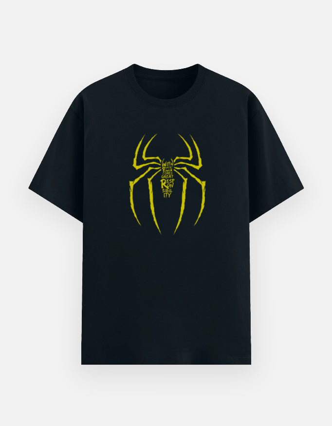 Blue oversized t-shirt with yellow spider silhouette graphic and typography print on chest, front view