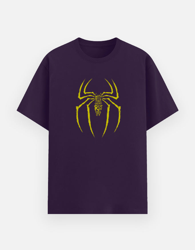 Purple oversized t-shirt with yellow spider silhouette graphic and typography print on chest, front view